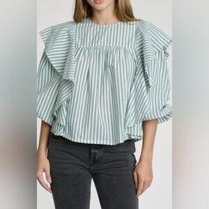 Pistola Green and White Striped Blouse- Ruffles - Puff Sleeve